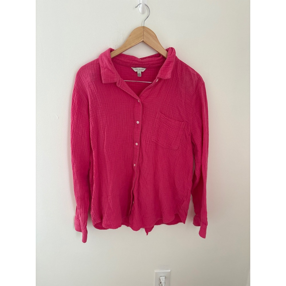 Lucky Brand Hot Pink Cotton Double Gauze Button Down Shirt Large Long Sleeve